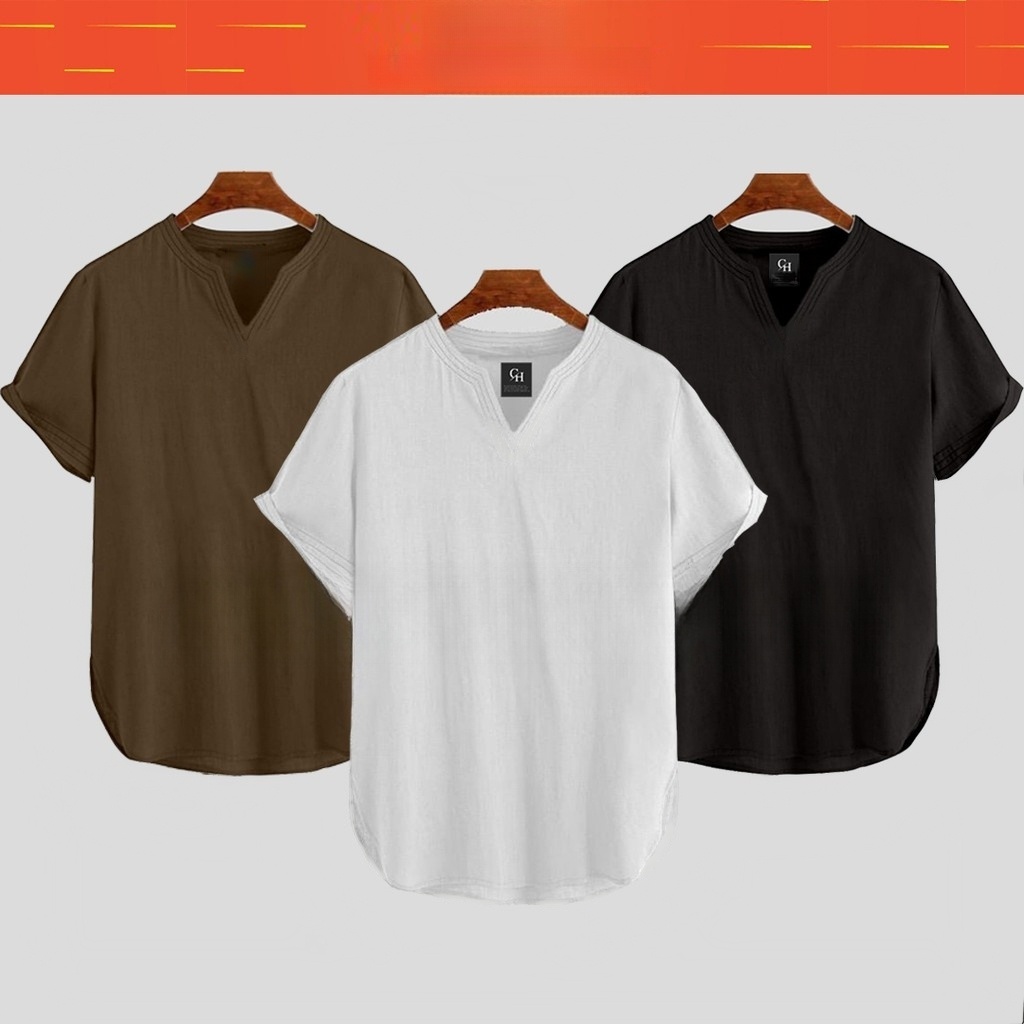 Baju Kemeja Koko Pria Formal ZHAFAR Lengan Pendek Kerah V-Neck Polos