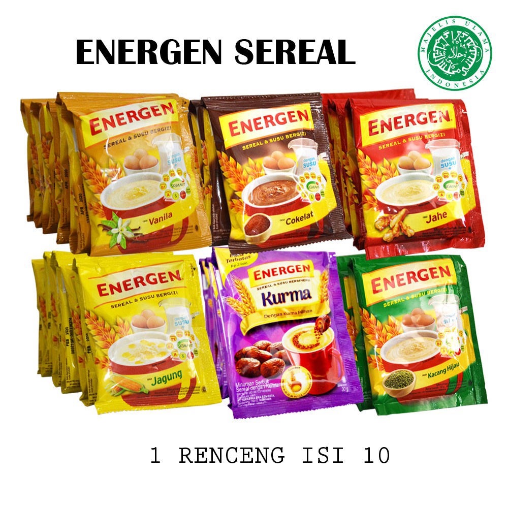 

ENERGEN Sereal dan Susu RENCENG 10Pcs KURMA, Coklat, Vanila, Jahe , Kacang Hijau by Mayora