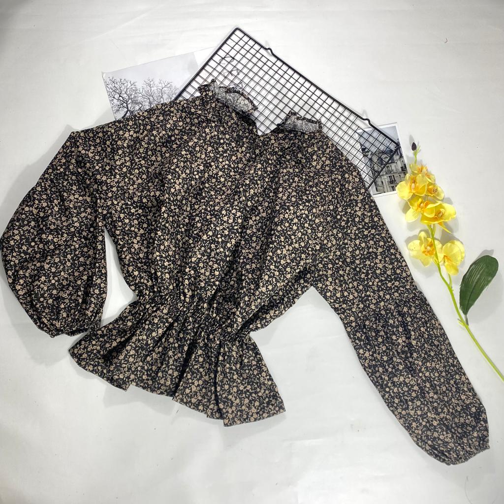 IL - BYTHA FLORAL BLOUSE / ATASAN WANITA MOTIF BUNGA PINGGANG KERUT KOREAN STYLE-CHOCO BLACK