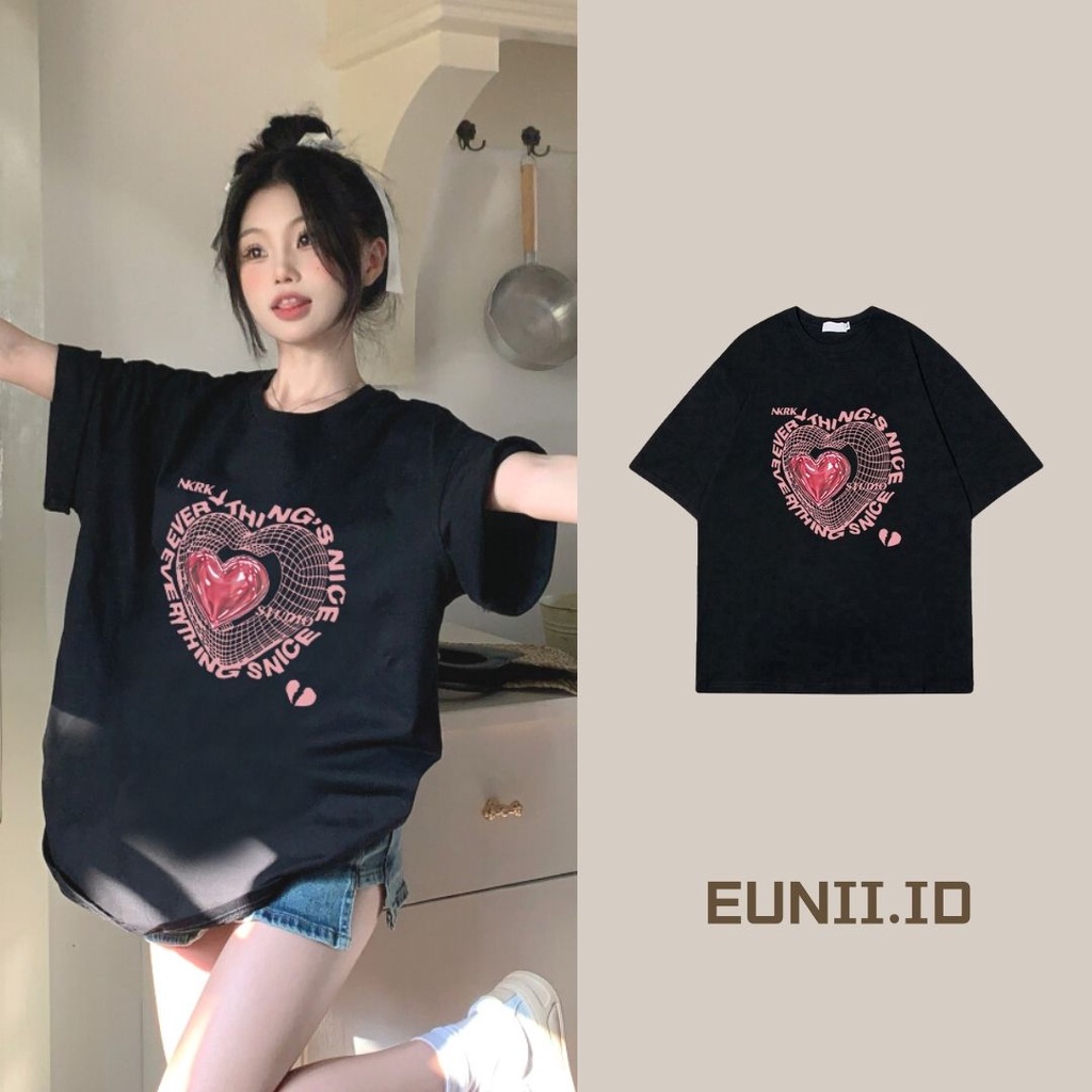 EUNII T-shirt Lengan Pendek Cartoon Pink Love Korean Style/Kaos Atasan Wanita/Baju Kaus Oversize Wanita/Kaos Wanita