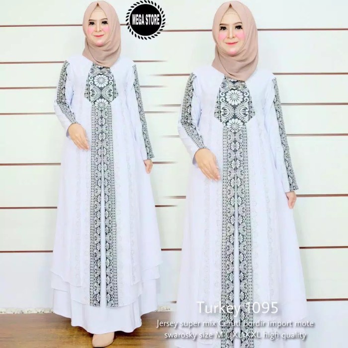 BAJU MUSLIM WANITA GAMIS DRESS ABAYA TURKEY ARAB PUTIH BORDIR 1095