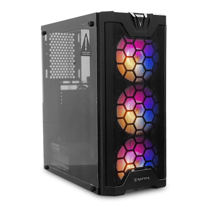 Power Up Raptor Casing 1620 Mid Tower ATX With PSU 500w + 3 Fan RGB Tempered Glass