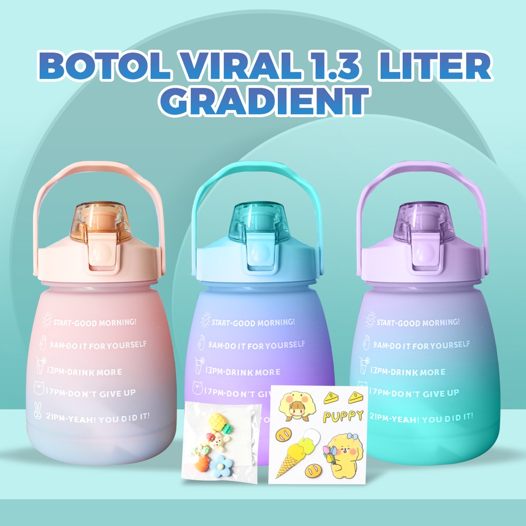 botol minum 1.3liter gradasi viral gemoy stiker 2D &amp; 3D tali panjang