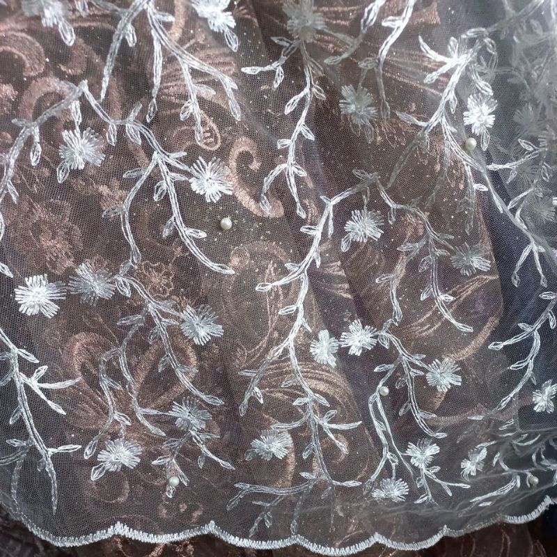 kain tile bordir mutiara murah putih bahan kebaya baju gamis dress