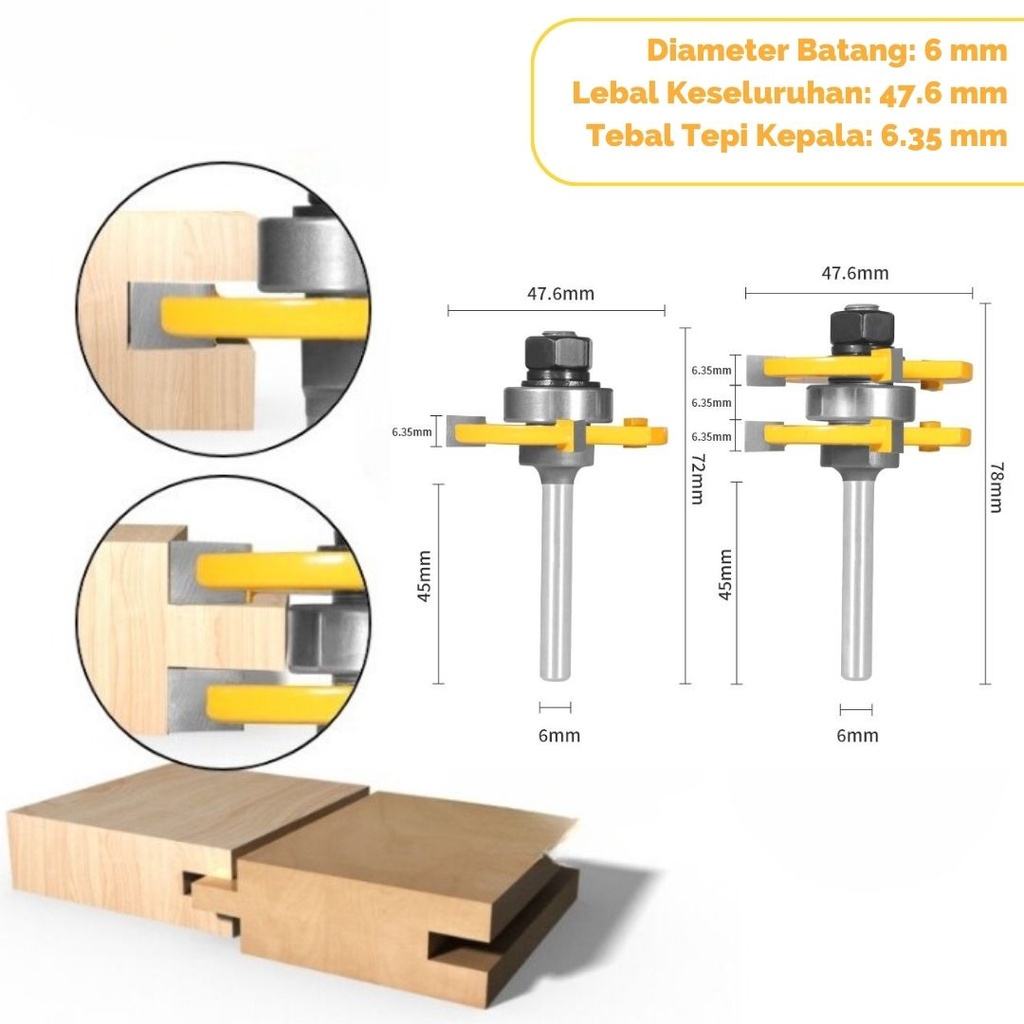 Mata Profil Kayu Tongue and Groove Shank Milling Cutter 6 mm 2PCS - YTG - Yellow