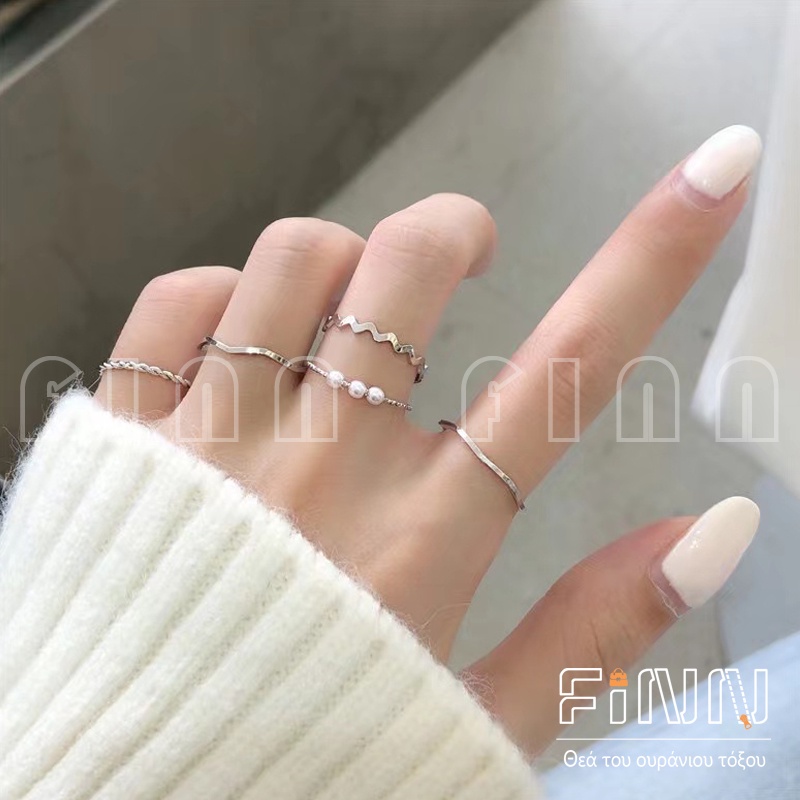 5pcs / Set Cincin Mutiara Geometris Gaya Korea Untuk Aksesoris Wanita