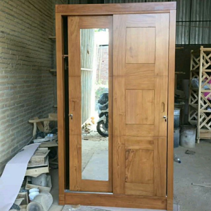PJ1 Lemari Pakaian Kayu Jati 2 Pintu Minimalis Model Sliding Terbaru - BELUM FINISHING