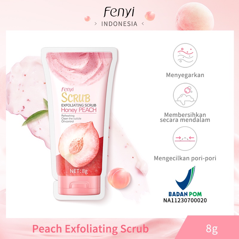 BPOM Fenyi Peach Body Scrub Sachet Mengeksfoliasi / Mengelupas Kulit Mati Membersihkan Dengan Lembut Body Care 8g