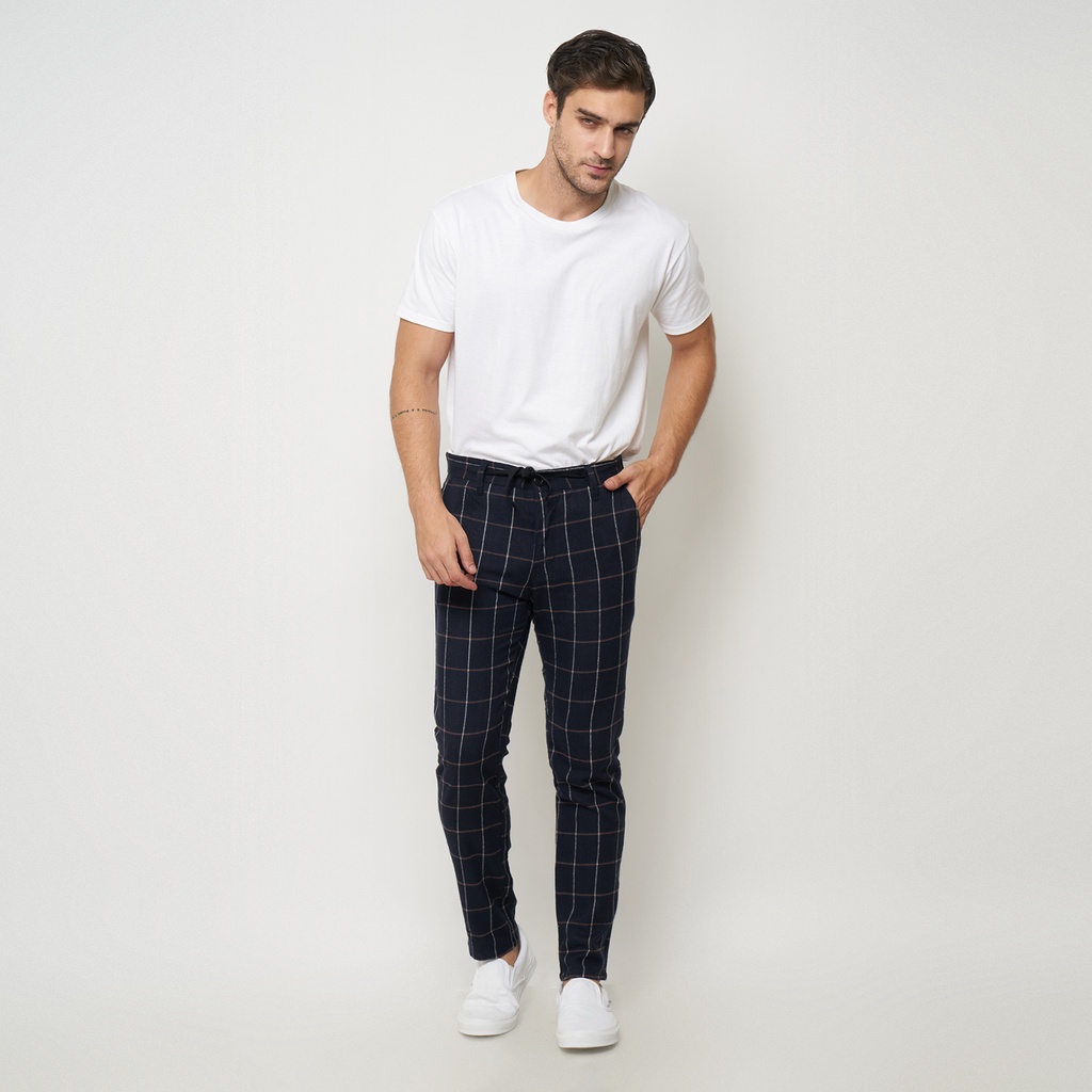 KONOYA Celana Tartan Pria Slim Fit Pants Tartan Cowok terbaru