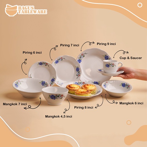 Mangkok keramik uk 6 inci motif bunga mawar Biru