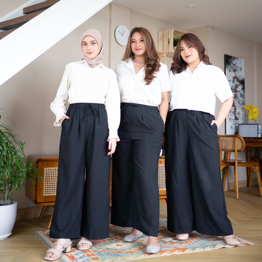 IE.DEMODE Naya Celana Panjang Wanita Kulot Kerja Kantor Highwaist Daily Pants Bahan Airflow Hitam