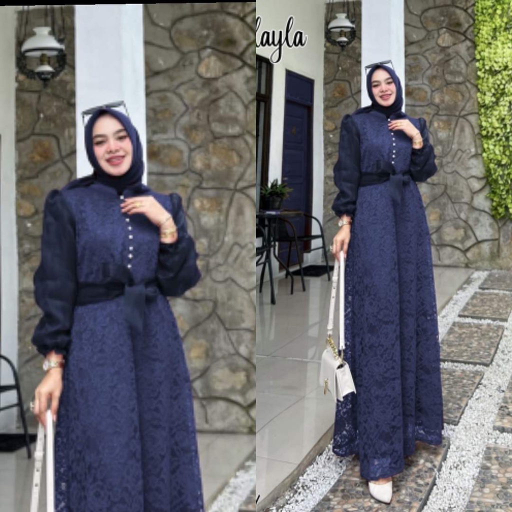 ELDE 12 - Maxy Dress Kalayla ( M - L - XL ) Maxi Gamis Bahan Brukat Corneli Premium Lapis Furing Depan Blkg Kombi Organza Import , Sleting Blkg Depan Kancing Variasi + Ada Tali Belt Organza