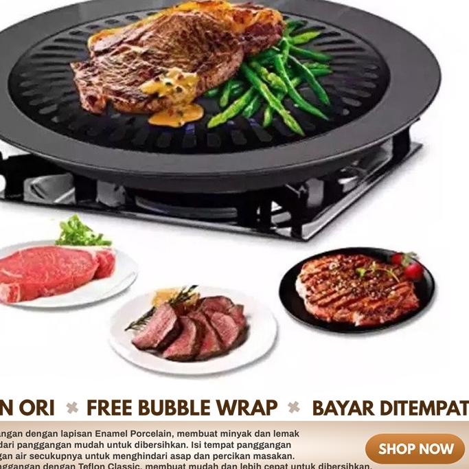 ✯ Alat Panggang Bulat Barbeque Grill Pan Pemanggang BBQ Tempat Bakar Daging Ayam Sosis Sate Anti Len