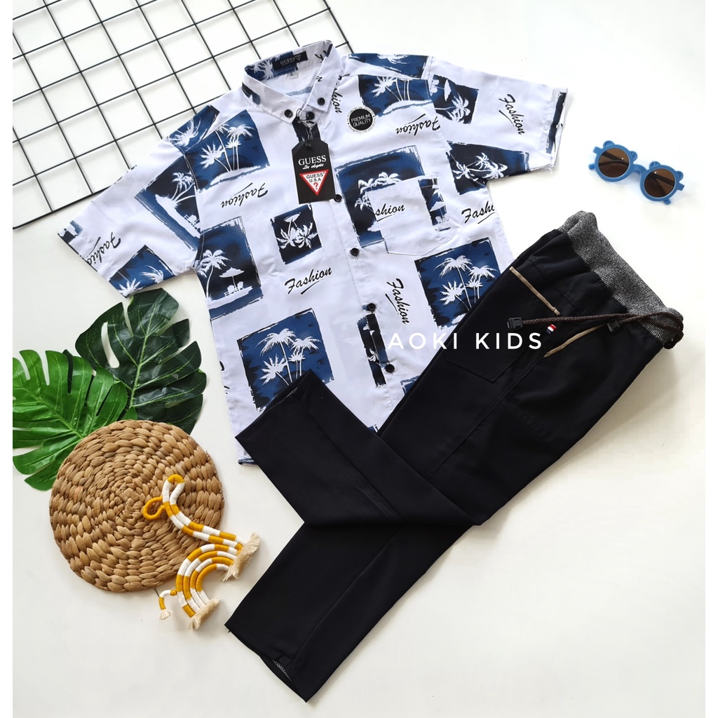 GRATIS ONGKIR// COD//  Warna Setelan kemeja Lengan Pendek Motif Keren Celana chinos panjang anak usia 2-12 tahun berkualitas