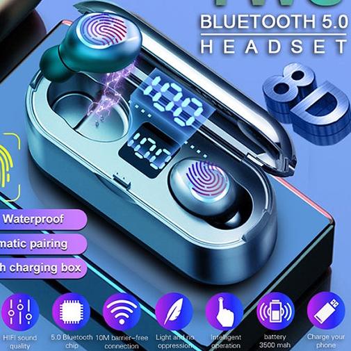 ✿ (COD) F9-8 Headset Bluetooth 2200mah Power Bank TWS with Mic 9D Bass LED Display Smart Touch Finge