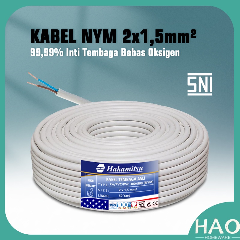 Kabel NYM 2 x 1,5mm 50 Yard FULL / Kabel Listrik Tembaga Murni PVC SNI / Mrek Hakamitsu