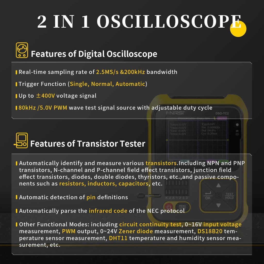 FNIRSI 2 in 1 Transistor Tester &amp; Digital Oscilloscope Handheld - DSO-TC2 - Yellow
