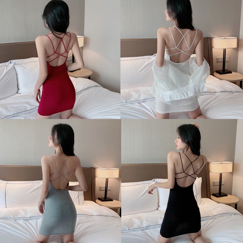 Red Gaun Wanita 2023 Musim Panas Baru Celah Berongga Terbuka Besar Kembali Seksi Suspender Rok Slim Tas Hip Bottoming Rok Trendi