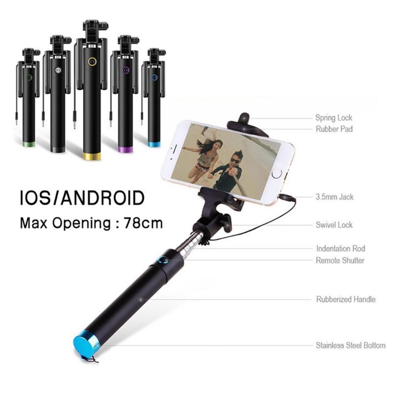 Tongsis Tripod Hitam Mini Selfie Stick Kabel Lipat Hp Android Ios