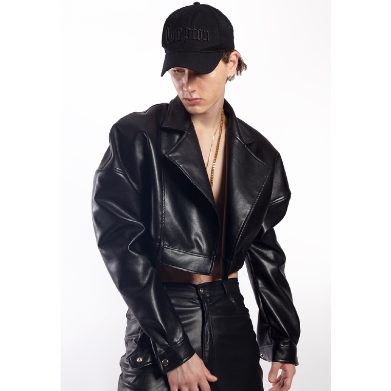 OCWA TROY PUFF SLEEVE CROP LEATHER JACKET BLACK