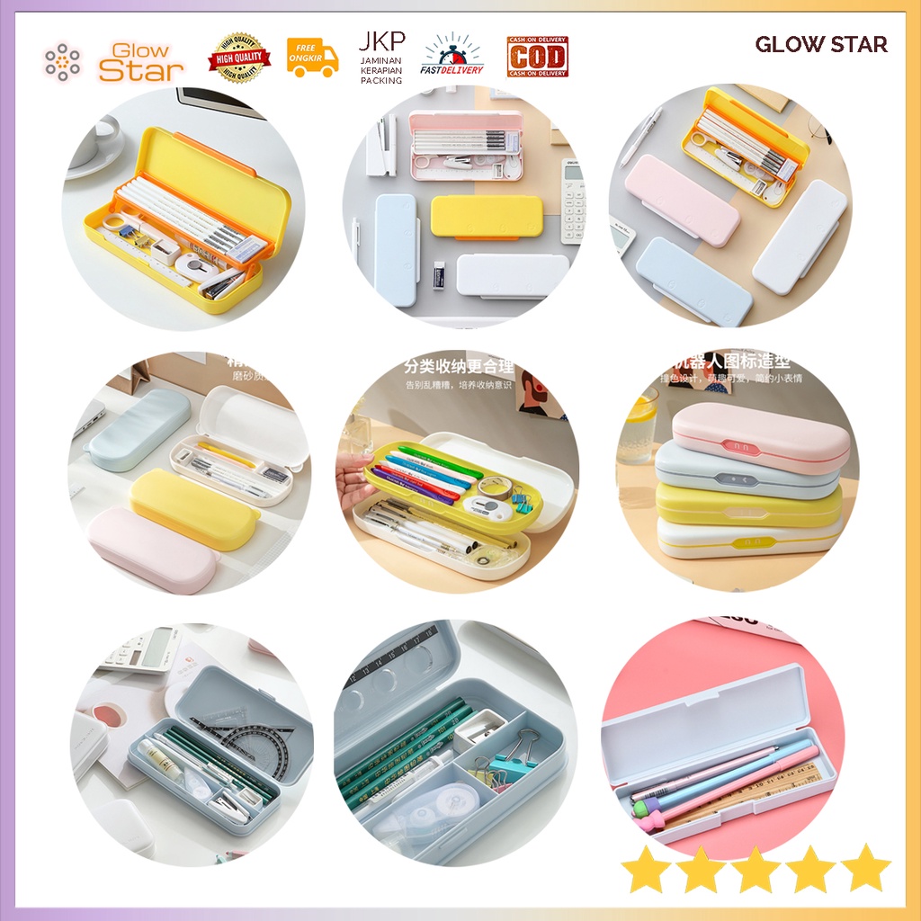 TP5 Tepak kotak Plastik Polos, Wadah alat tulis pensil bolpen sekolah wadah serbaguna korea besar Staples Penghapus Penggaris Pink Blue Yellow Duck White Bear 2 susun slot