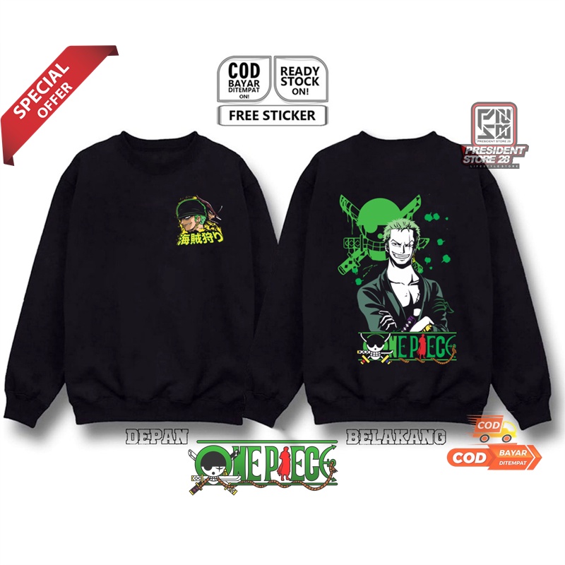 SWEATER CREWNECK Roronoa Zoro | One Piece Switer Crewneck Anime Kualitas Distro - Sweater Crewneck Outerwear Wanita / Crewneck Pria Wanita / Crewneck Anime Monkey D. Luffy One Piece Unisex