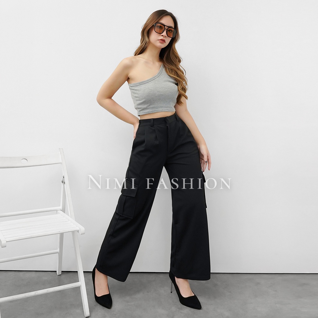 NIMI - Celana Highwaist Loose Cargo Wanita Celana Cullote Cargo Pants Knit Import