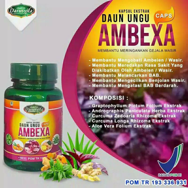 AMBEXA KAPSUL DAUN UNGU ORIGINAL ASLI DARUSYIFA OBAT REDAKAN AMBEIEN BAB BERDARAH WASIR SEMBELIT ISI