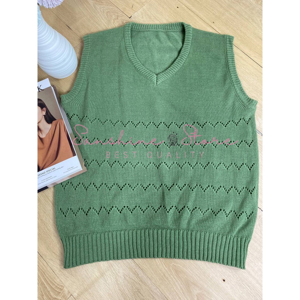 Rompi Rajut Wanita Jumbo Knit Vest Kerah Bulat Kutung Motif Bolong Bolong