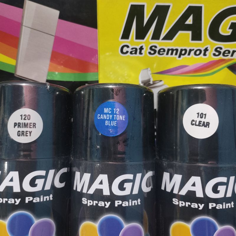 Pilok Pilox Cat Semprot Magic Paket Lengkap 3 Kaleng 300cc Paketan Biru Candi Candy Blue MC 12 Primer Grey Epoxy 120 Clear Pernis Glossy Mengkilap 101 Spray Paint