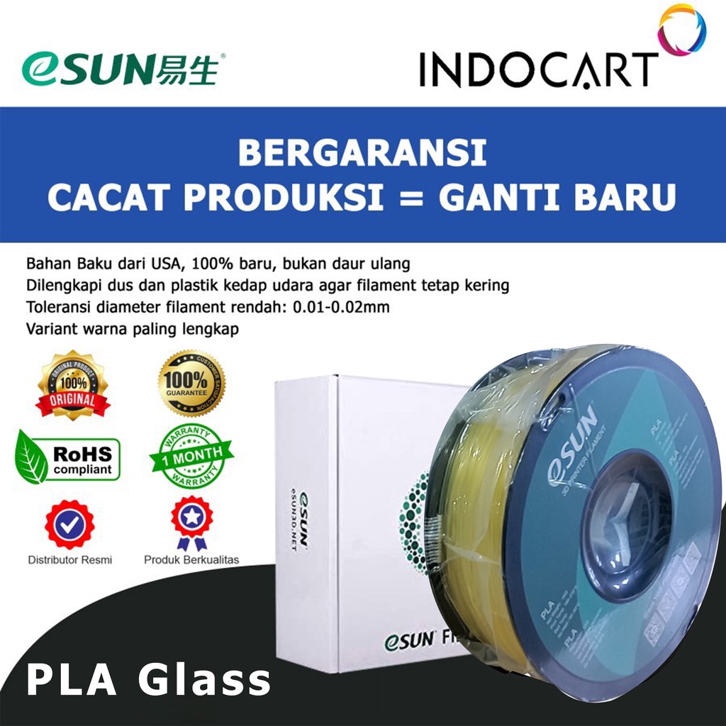 INDOCART Tinta Filamen 3D Printer Filament eSUN PLA Glass 1.75mm 1kg