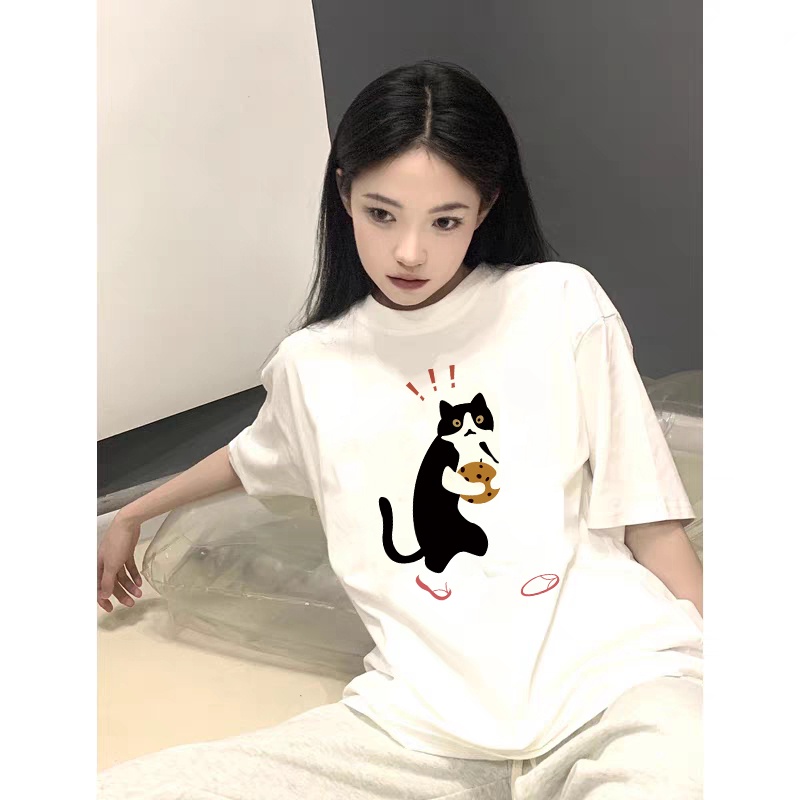 Korean Style Cute Cat Kaos Putih Atasan Wanita Lengan Pendek Oversize Printed T-shirt Baju Wanita Kekinian