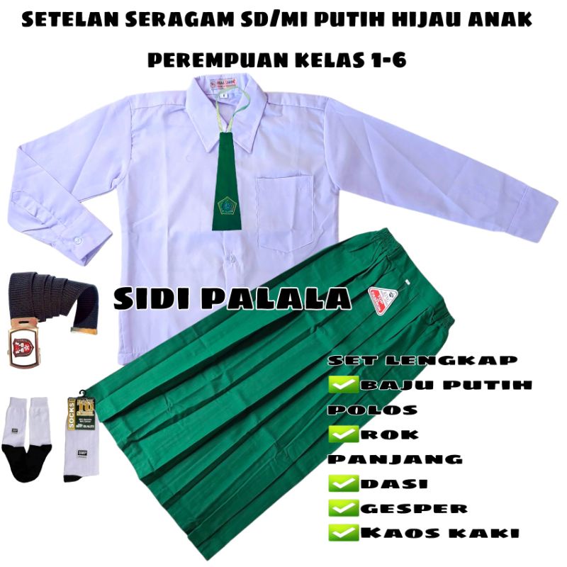 setelan seragam sekolah sd/mi putih hijau anak perempuan baju putih polos Panjang rok hijau Panjang 