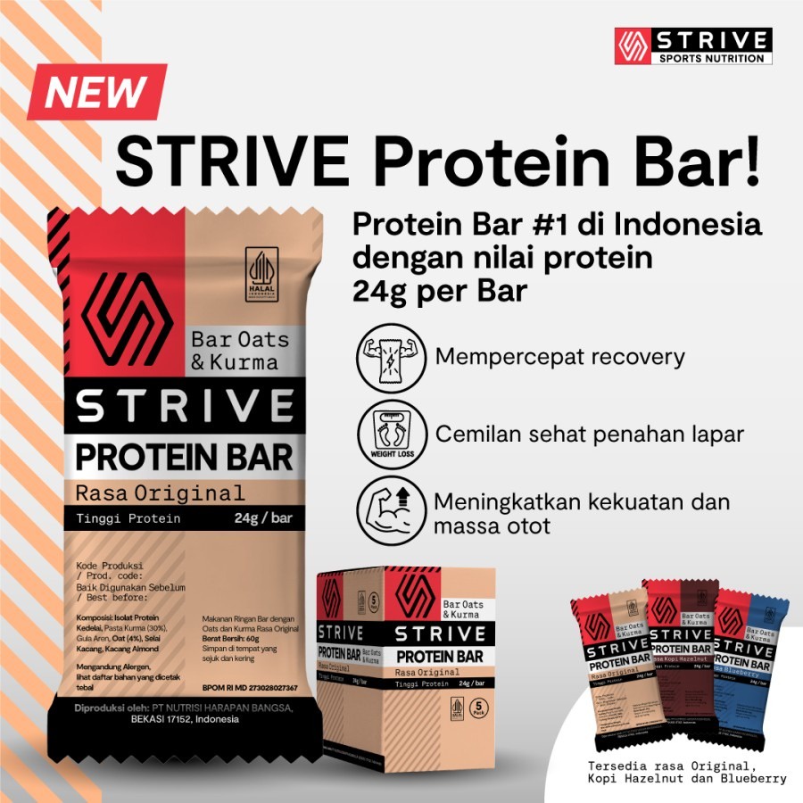 STRIVE Protein Bar Muscle Recovery Meal Cemilan Olahraga 1BOX isi 5Bar