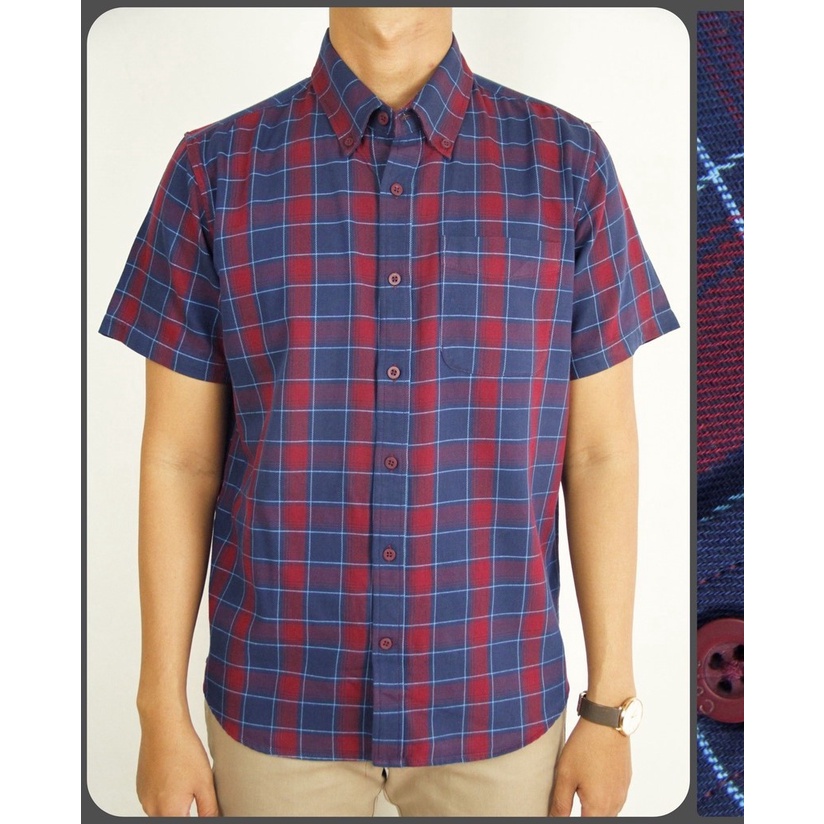 [COD] Baju Kemeja Cole Code 23 Casual Lengan Pendek Reguler Fit Biru Navy Maroon Pria Kotak-kotak | Kemeja Original 100% Brand Matahari Big Size Kasual Kesual