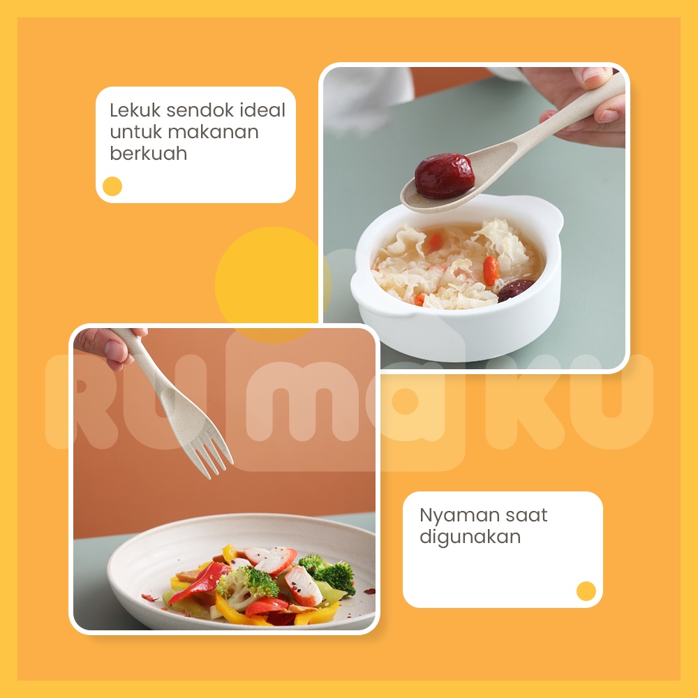 Rumaku Set Alat Makan 3 pcs Sendok Garpu Pisau Set Bahan Plastik Jerami dengan Kotak