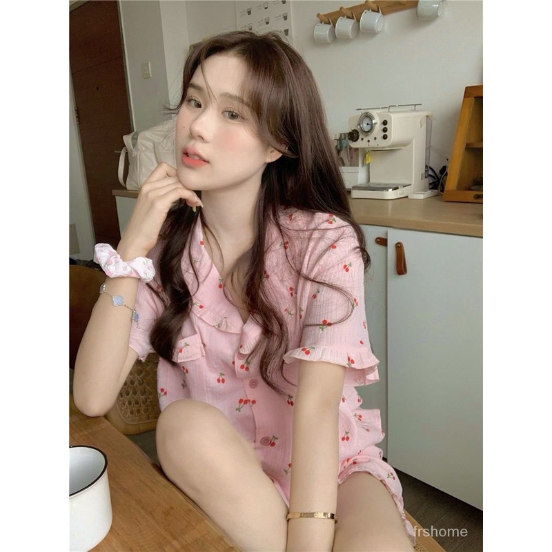 ins cherry print kerah kecil loungewear wanita musim panas baru nyaman set piyama piyama celana panj