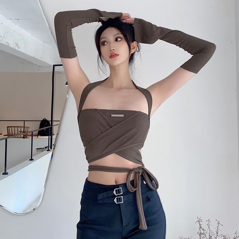 Red SylCue Gaya Eropa dan Amerika dalam desain selempang leher gantung satu bahu rasa ceruk memakai tali silang atas tabung atas