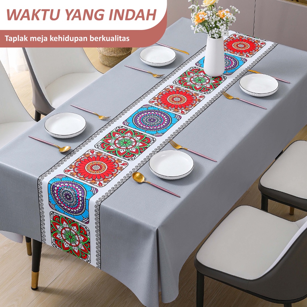 Taplak Meja Makan Premium Waterproof Anti Air Model Bohemian Alas Meja Makan 140*180/140*140cm PVC Table Cloth