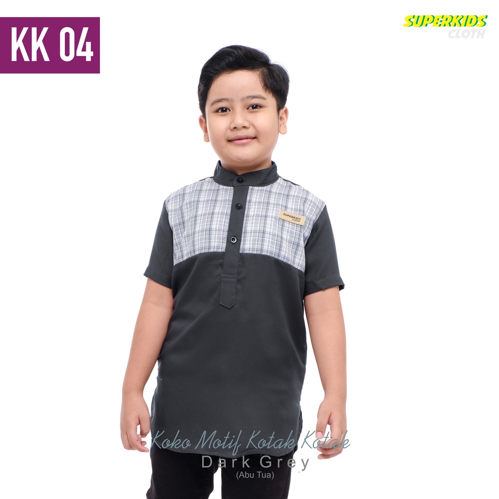 Baju Muslim Koko Anak Laki-Laki Kotak-Kotak Abu Tua SUPERKIDSCLOTH 1-10 Tahun