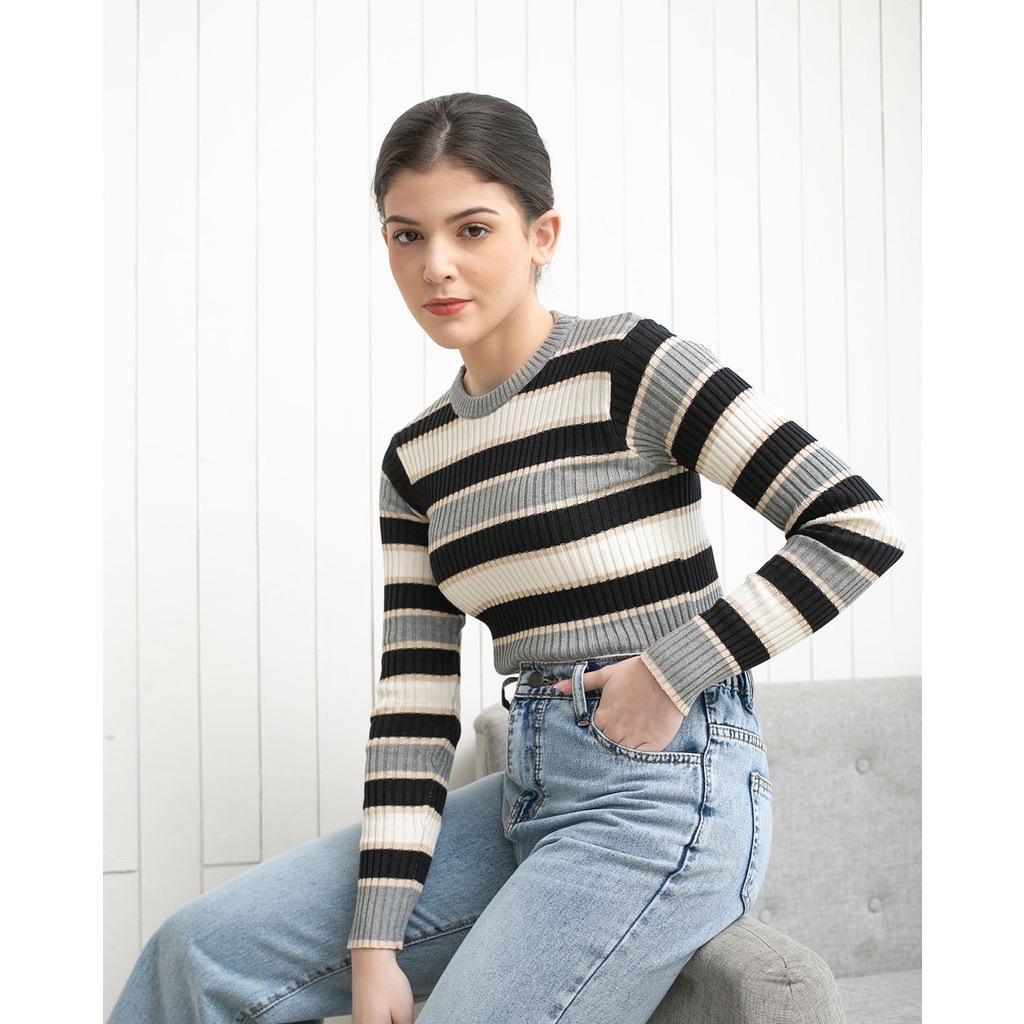 [✅COD ]Style Korea/Sweater Rajut Wanita Stripe Lengan panjang