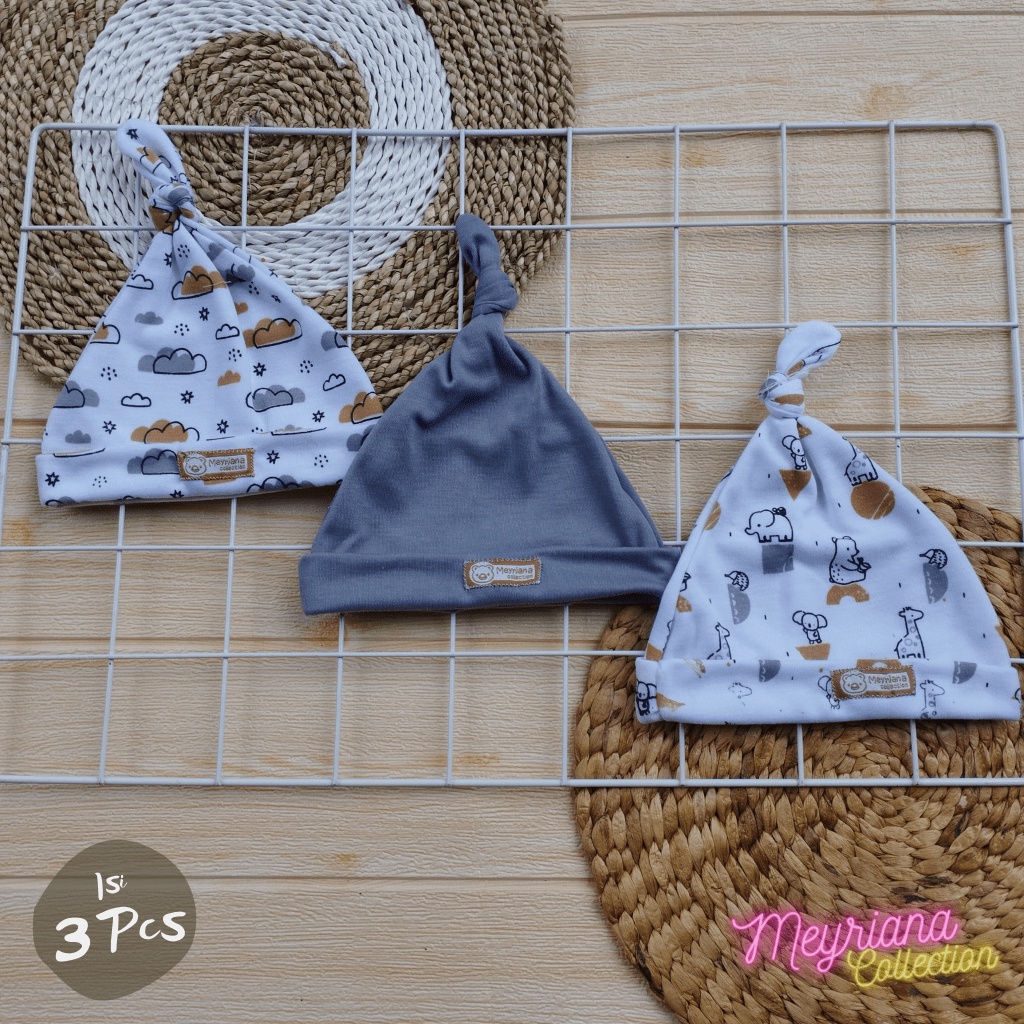 3 PCS Topi Bayi Kupluk Bayi Baru Lahir Seri Abu-abu Lucu Usia 0-3 Bulan Meyriana Collection