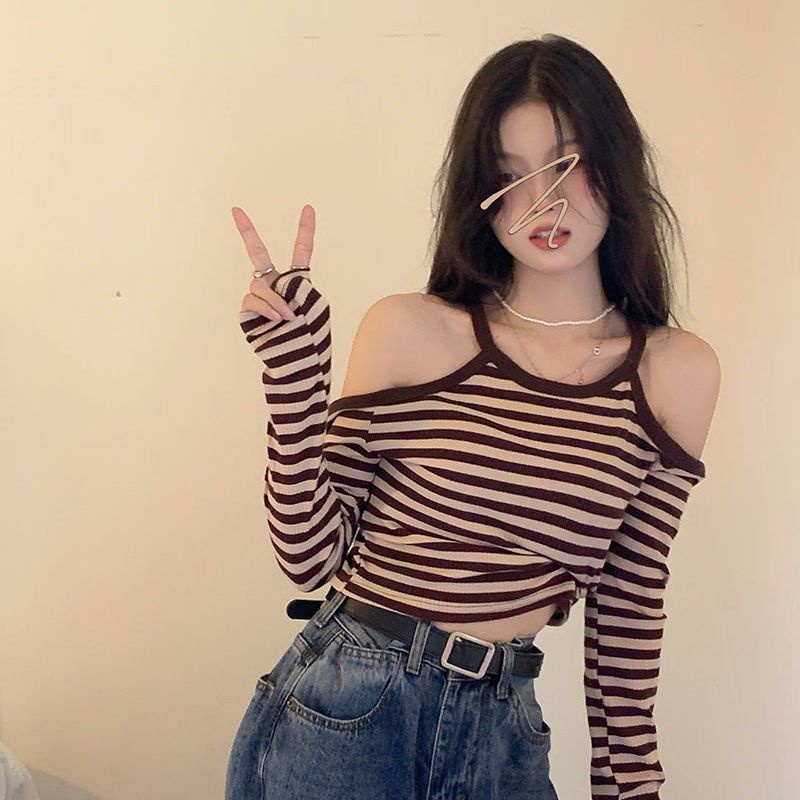 Red Bergaris off-the-shoulder pendek halter top kepribadian pakaian wanita rasa desain ceruk musim semi dan musim gugur keinginan murni angin lengan panjang T-shirt in