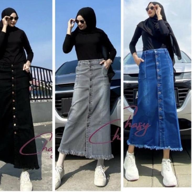 Terlaris.. Rok Jeans Panjang Aplikasi Kancing / Rok jeans Gisca / Rok Jeans Panjang wanita