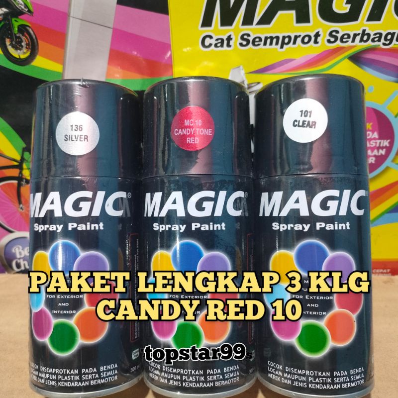 Pilok Pilox Cat Semprot Magic Paket Lengkap 3 Kaleng 300cc Paketan Merah Candi Candy Red MC 10 Silver 136 Clear Pernis Glossy Mengkilap 101 Spray Paint