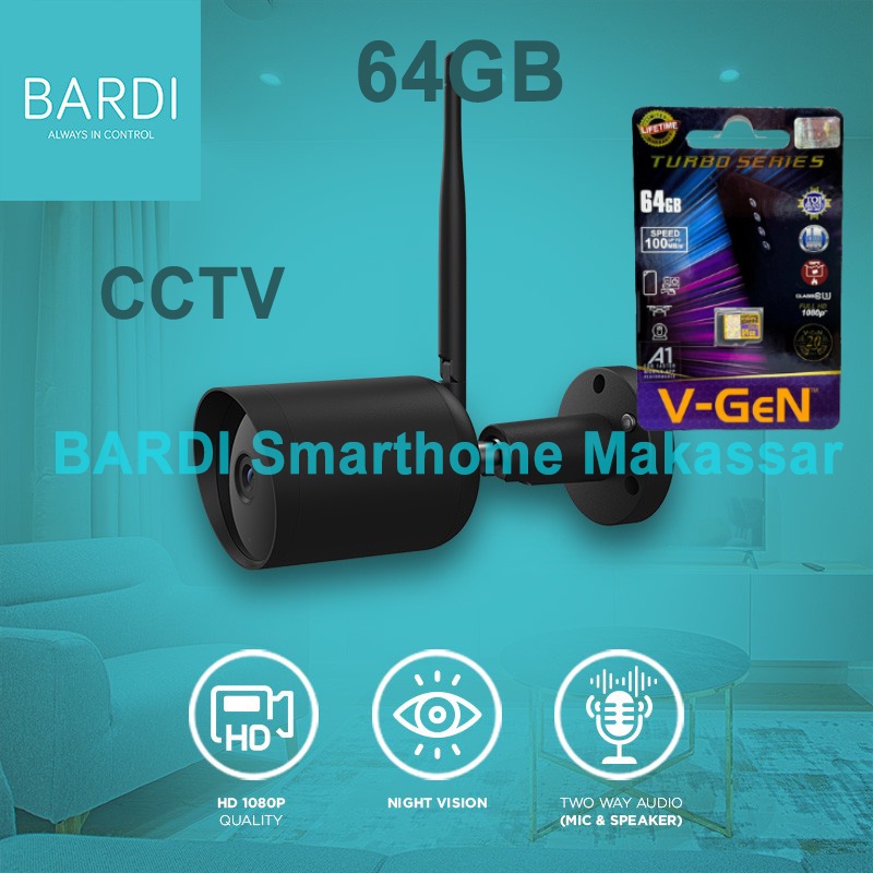 BARDI Outdoor IP Camera CCTV Wifi Mic Speaker + 64 Gb Sandisk Micro SD