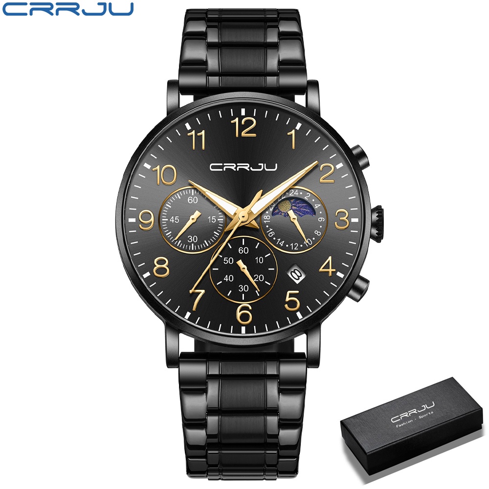 CRRJU Jam Tangan Pria Sport Quartz Analog Stainless Steel Anti Air + Crononya Aktif + Bercahaya Arloji