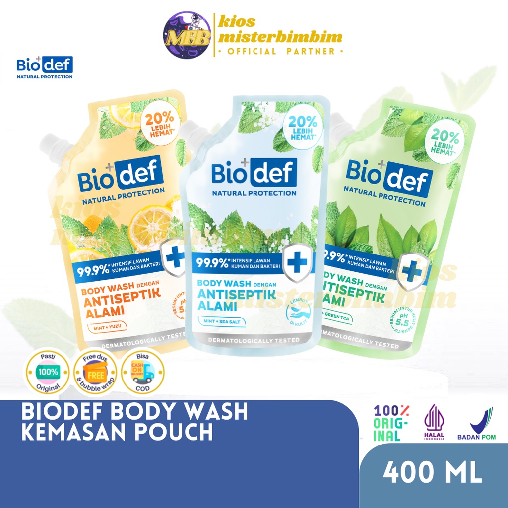 Biodef Antiseptik Body Wash Pouch Sea Salt Yuzu Greentea 400ML / Sabun Mandi Melembutkan Menyegarkan Antiseptik Alami Mint