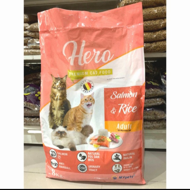 GojekGrab Makanan Kucing Hero premium Cat Food Adult Salmon &amp; Rice 8Kg