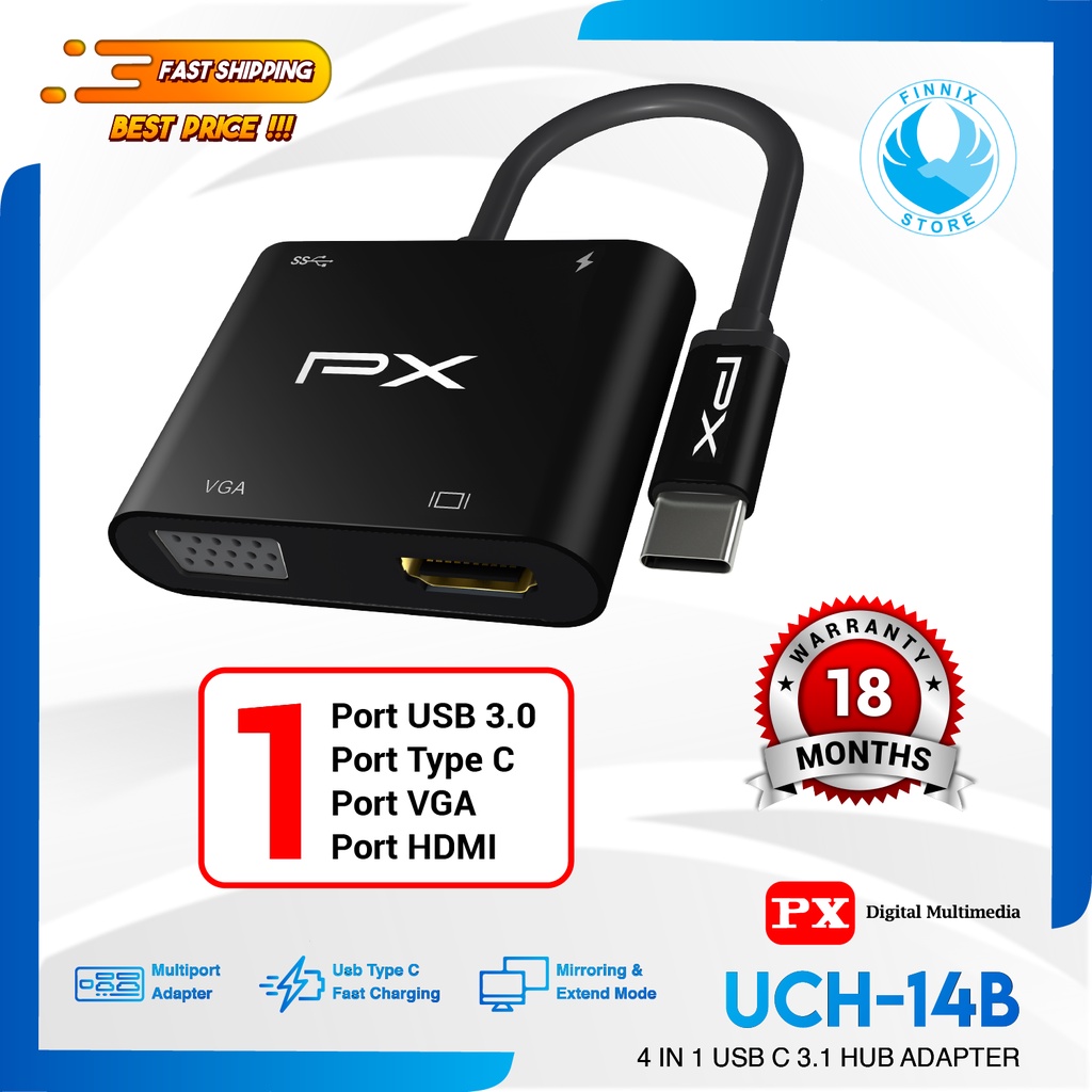 PX UCH14B Converter Hub 4in1 USB Type C 3.1 to PD / USB 3.0 / VGA